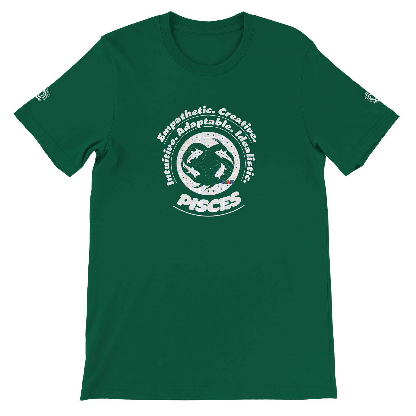 Green unisex crewneck T-shirt with Pisces design, perfect zodiac gift, stylish and comfortable for astrology enthusiasts.