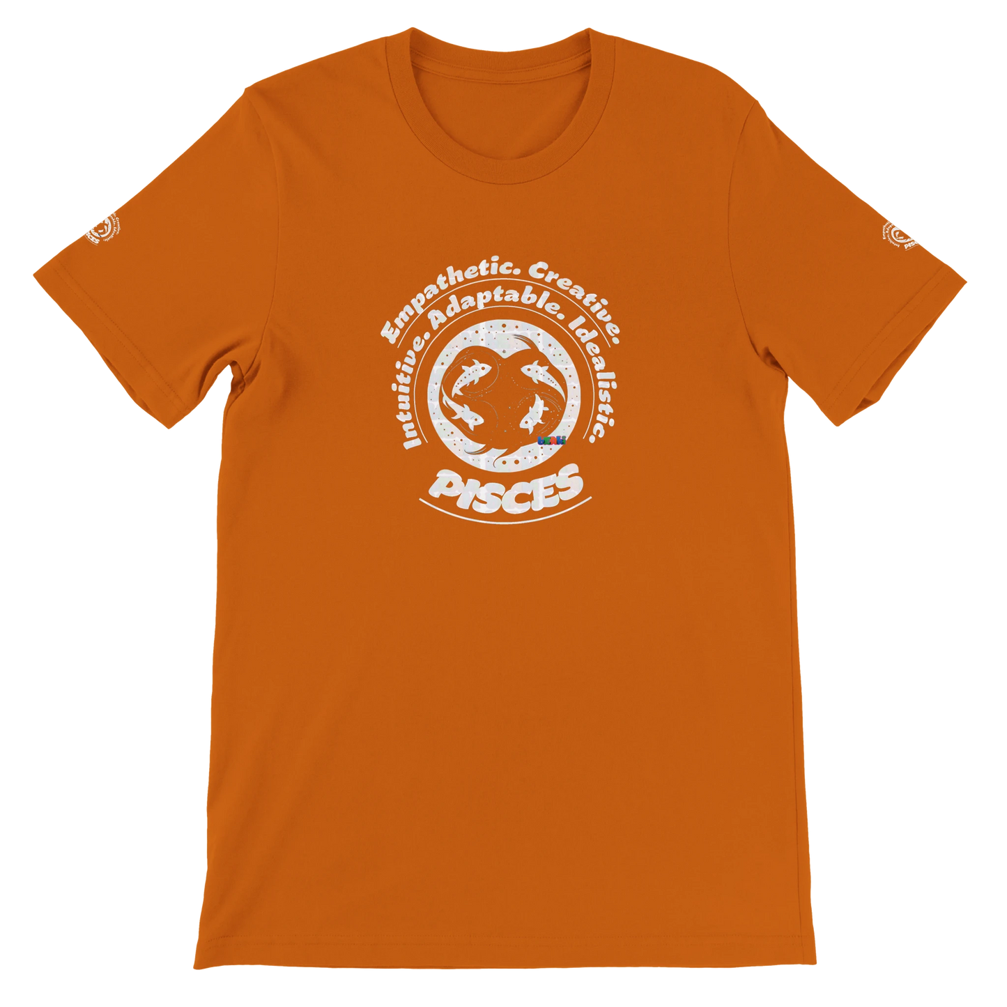 Orange unisex crewneck T-shirt with Pisces Zodiac Astrology Personality Character design, lovers of Fish Aqua Marine Sea Life