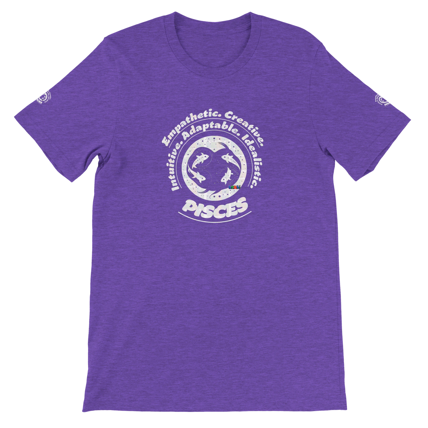 Purple unisex crewneck T-shirt with Pisces horoscope design. Ideal gift for a special loved one. Soft, stylish, and unique.