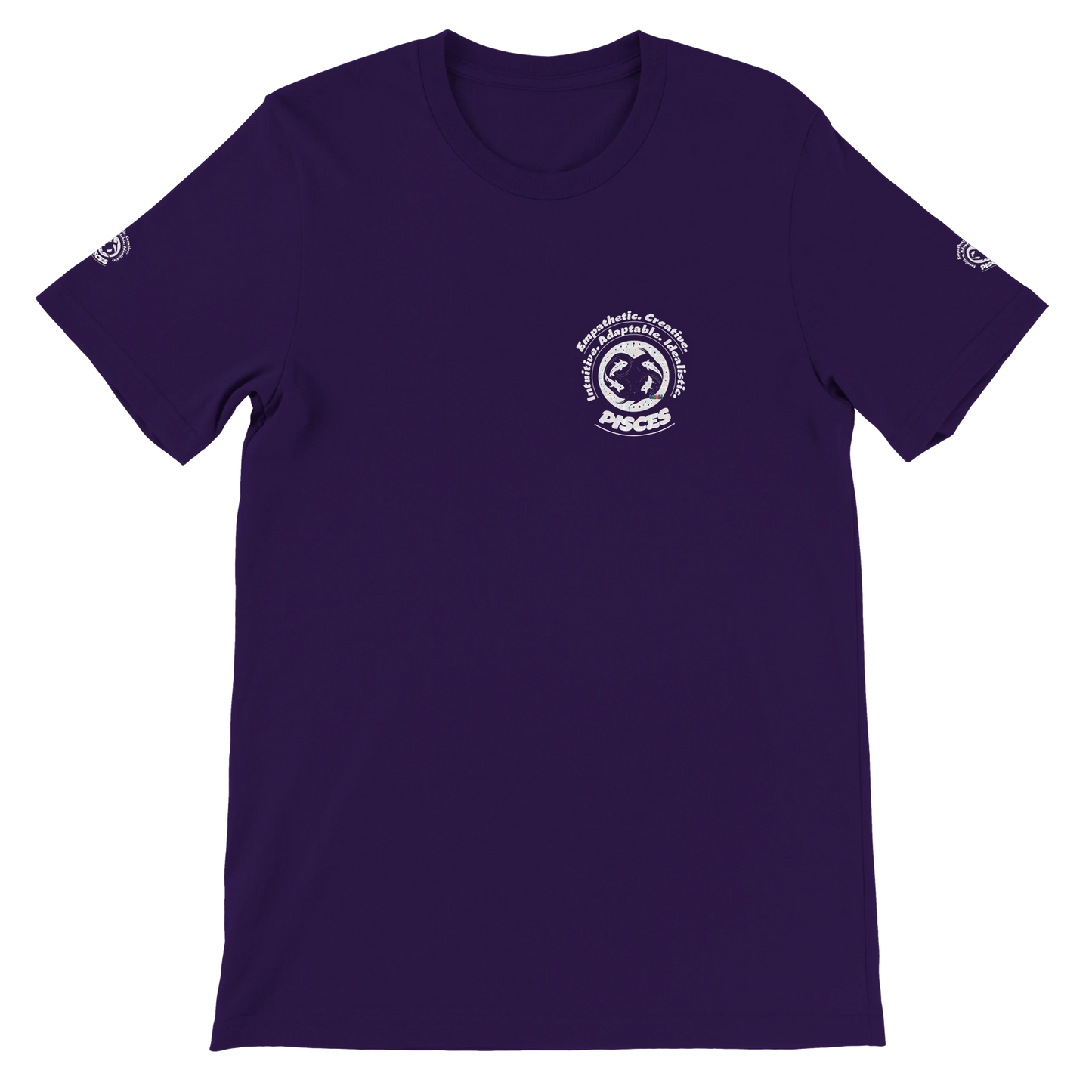 Purple unisex crewneck T-shirt with Pisces horoscope design. Ideal gift for a special loved one. Soft, stylish, and unique.