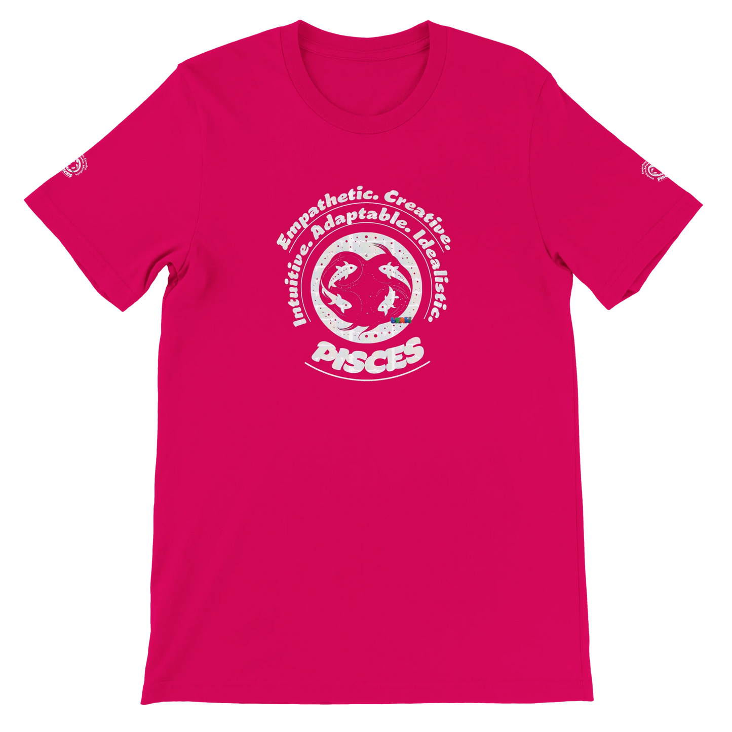 Red unisex crewneck T-shirt with Pisces zodiac design, printed on soft Bella + Canvas 3001. Perfect for astrology lovers.