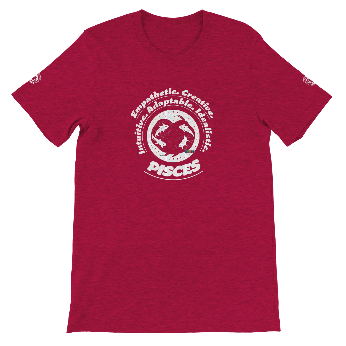 Red unisex crewneck T-shirt with Pisces zodiac design, printed on soft Bella + Canvas 3001. Perfect for astrology lovers.