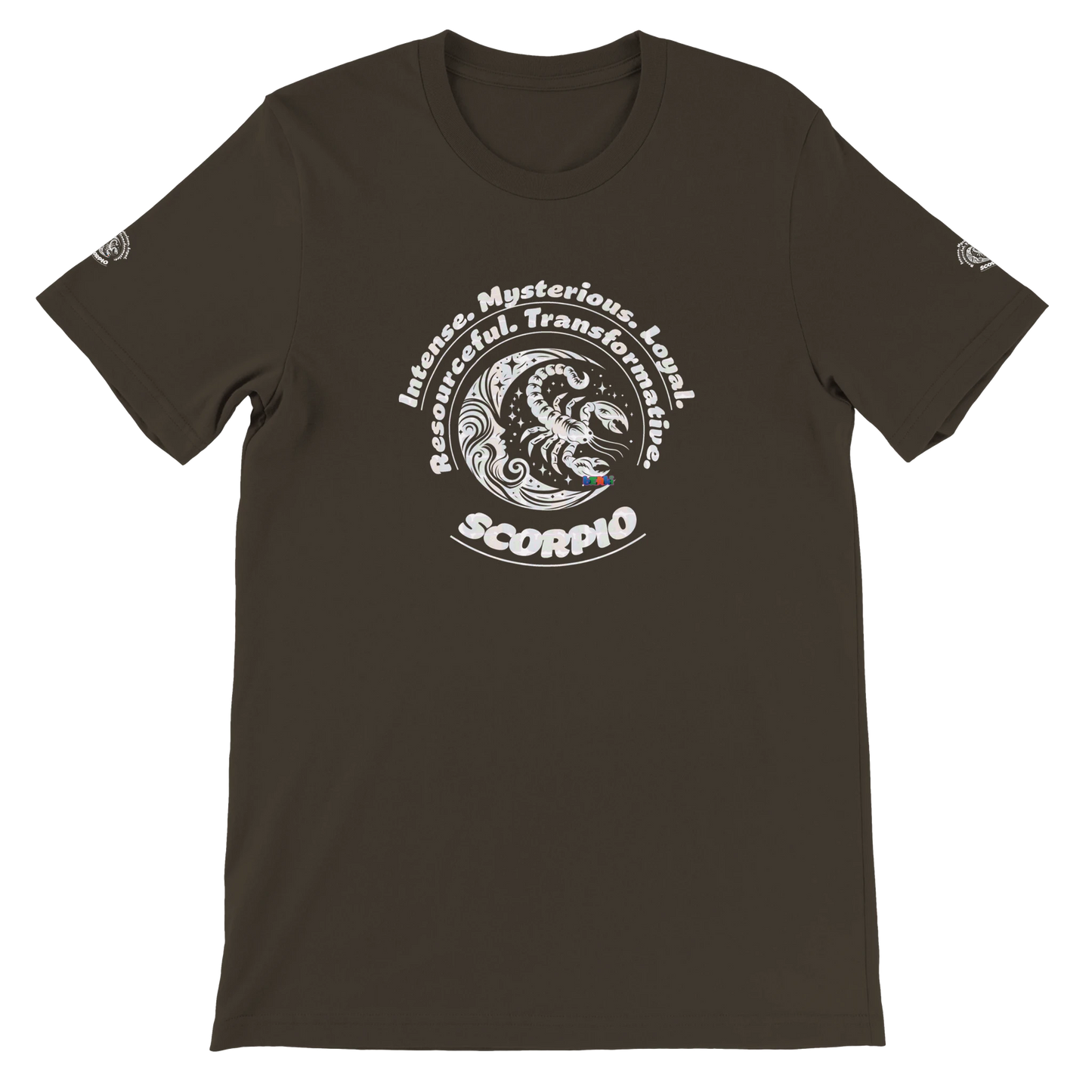 Brown unisex T-shirt Scorpio Horoscope Zodiac design. Characters of Intense, Loyal, Mysterious, Resourceful, Transformative