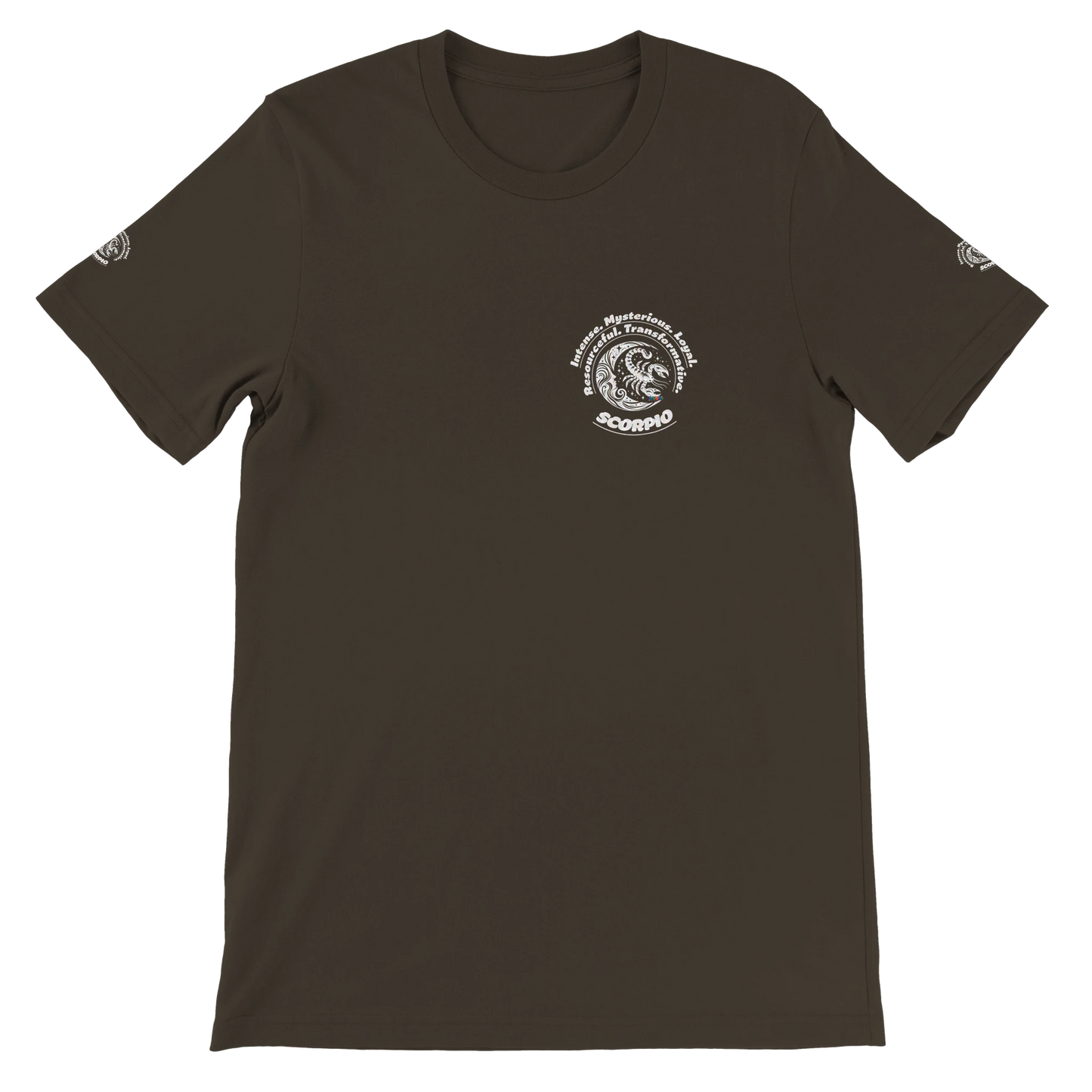 Brown unisex T-shirt Scorpio Horoscope Zodiac design. Characters of Intense, Loyal, Mysterious, Resourceful, Transformative