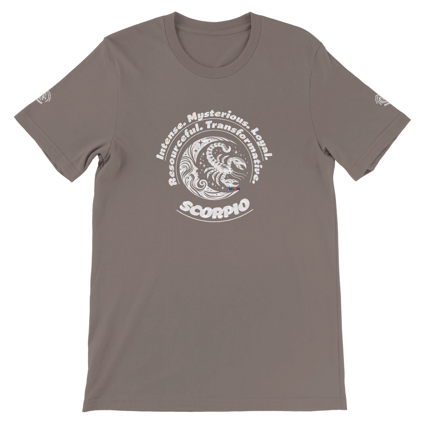 Brown unisex T-shirt Scorpio Horoscope Zodiac design. Characters of Intense, Loyal, Mysterious, Resourceful, Transformative
