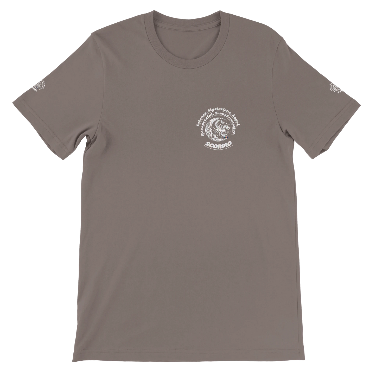 Brown unisex T-shirt Scorpio Horoscope Zodiac design. Characters of Intense, Loyal, Mysterious, Resourceful, Transformative