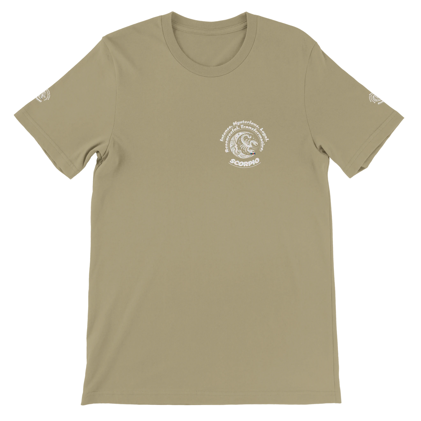 Brown unisex T-shirt Scorpio Horoscope Zodiac design. Characters of Intense, Loyal, Mysterious, Resourceful, Transformative