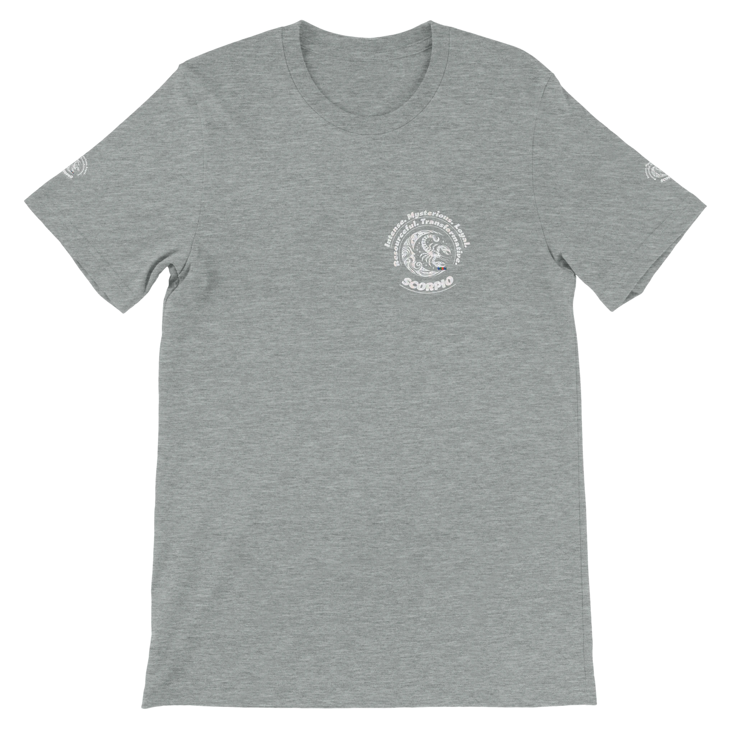 Gray unisex crewneck Premum T-shirt with Scorpio horoscope sign, perfect birthday gift for Zodiac lovers by trendybuybest.com