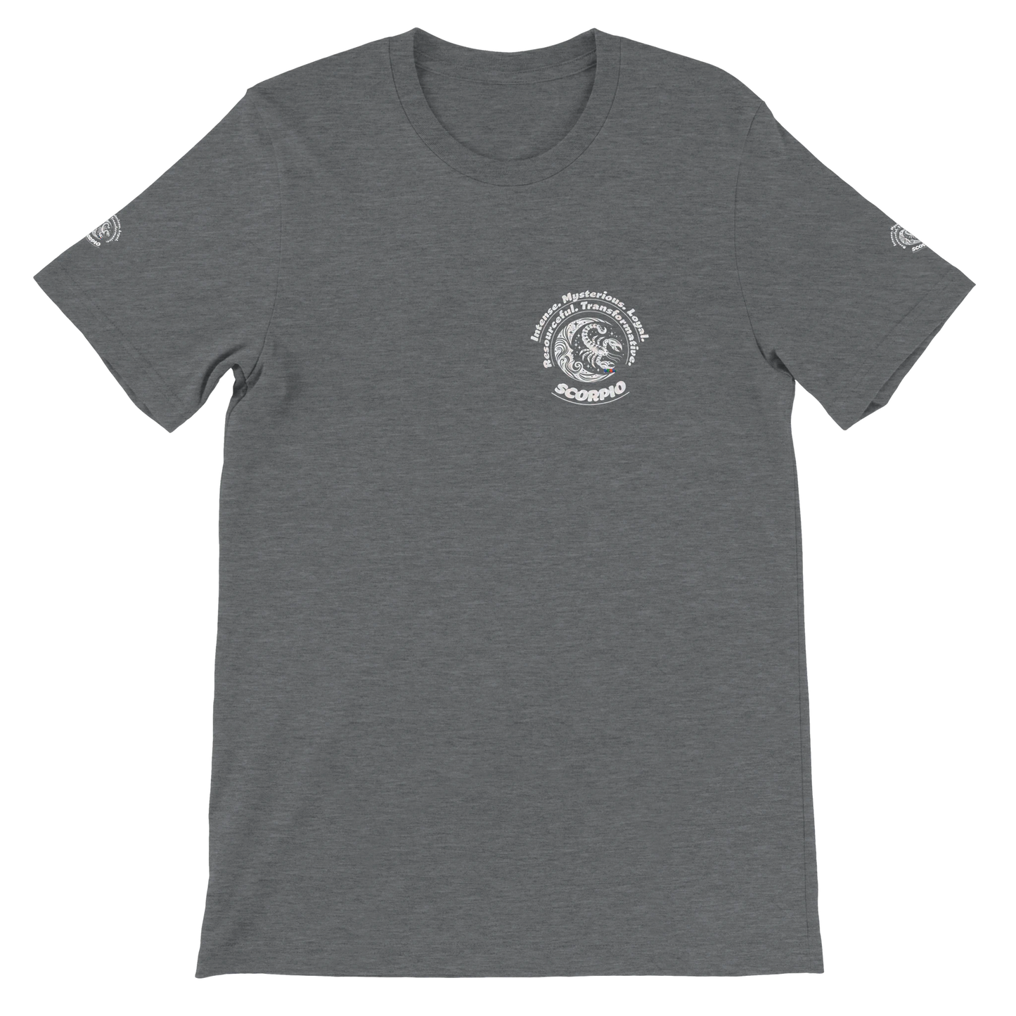 Gray unisex crewneck Premum T-shirt with Scorpio horoscope sign, perfect birthday gift for Zodiac lovers by trendybuybest.com