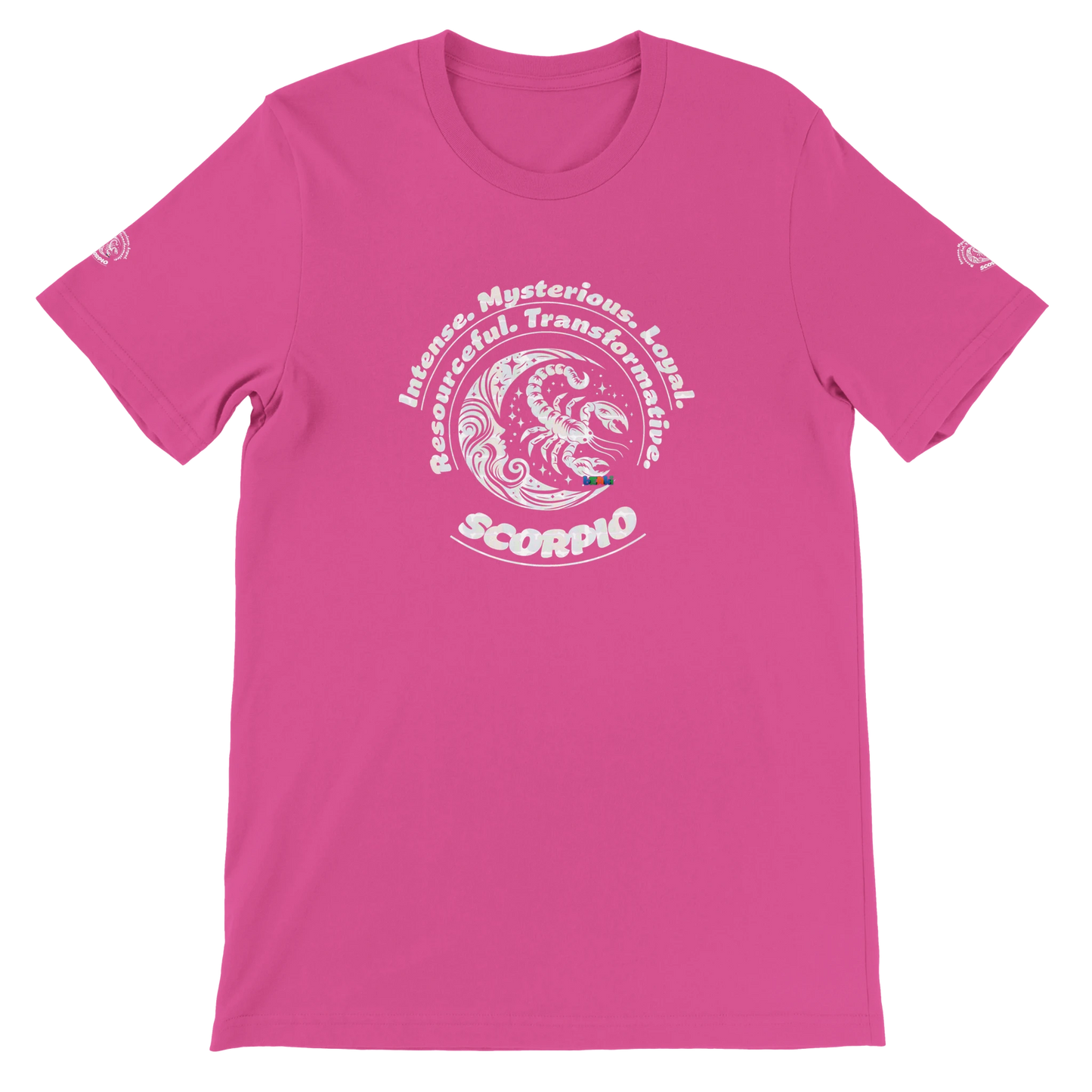 Pink unisex T-shirt Scorpio Horoscope Zodiac design. Characters of Intense, Loyal, Mysterious, Resourceful, Transformative