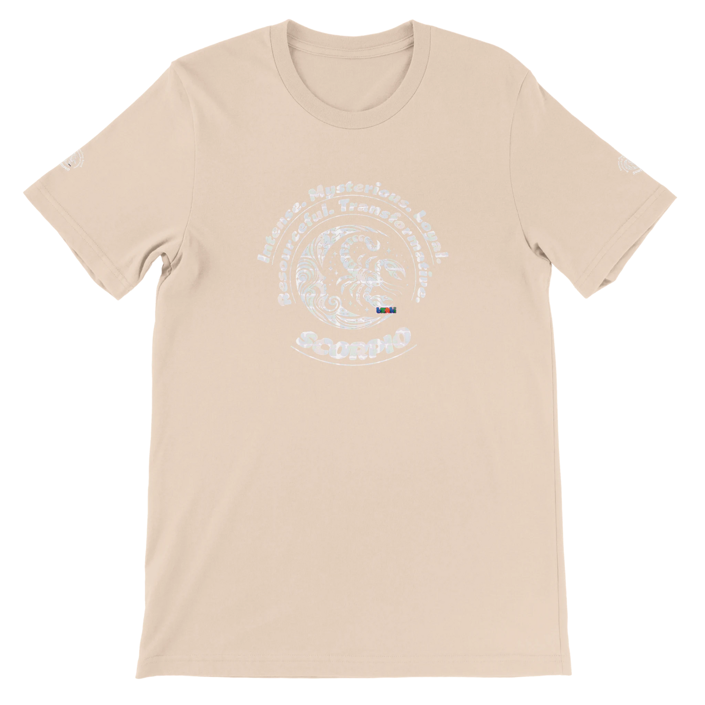Pink unisex T-shirt Scorpio Horoscope Zodiac design. Characters of Intense, Loyal, Mysterious, Resourceful, Transformative