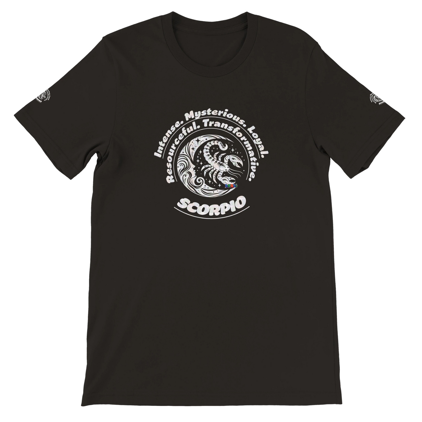 Black unisex crewneck T-shirt with Scorpio Logo zodiac, perfect birthday gift for astrology lovers, soft and stylish for all.