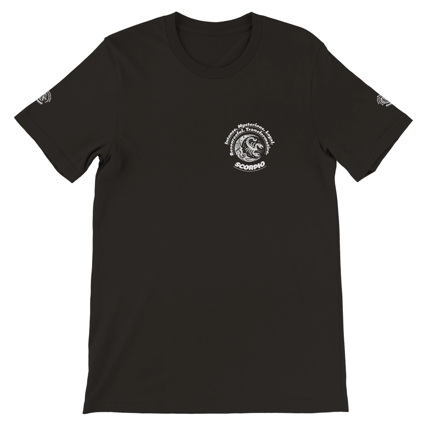 Black unisex crewneck T-shirt with Scorpio Logo zodiac, perfect birthday gift for astrology lovers, soft and stylish for all.