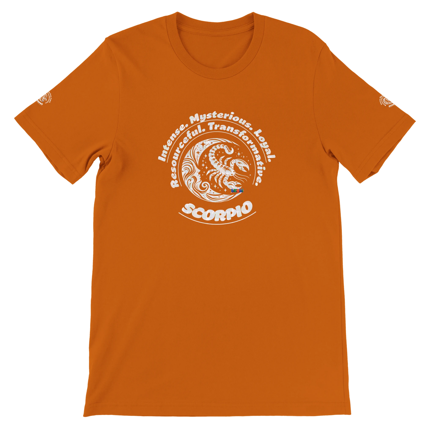 Orange unisex crewneck T-shirt with Scorpio Horoscope, perfect birthday gift for Astrology lovers, Scorpion, soft and stylish.