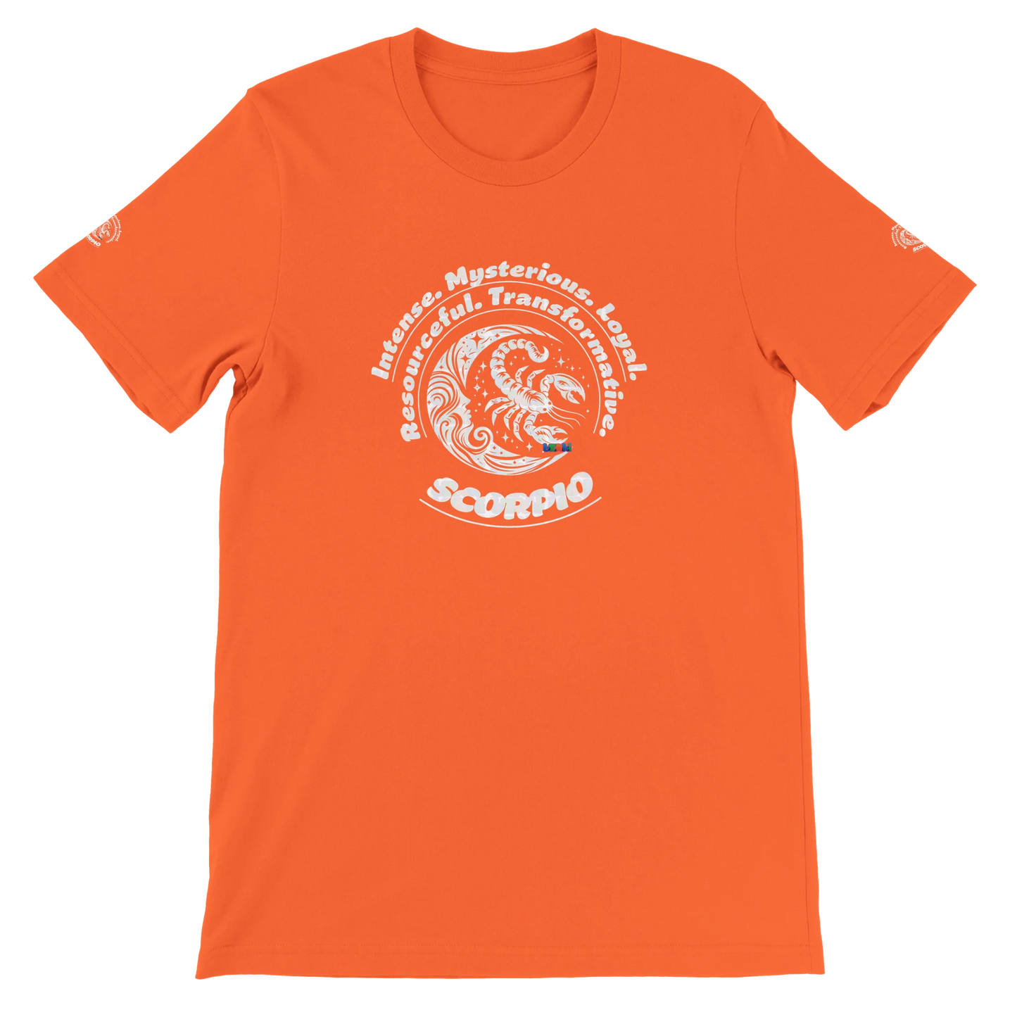 Orange unisex crewneck T-shirt with Scorpio Horoscope, perfect birthday gift for Astrology lovers, Scorpion, soft and stylish.