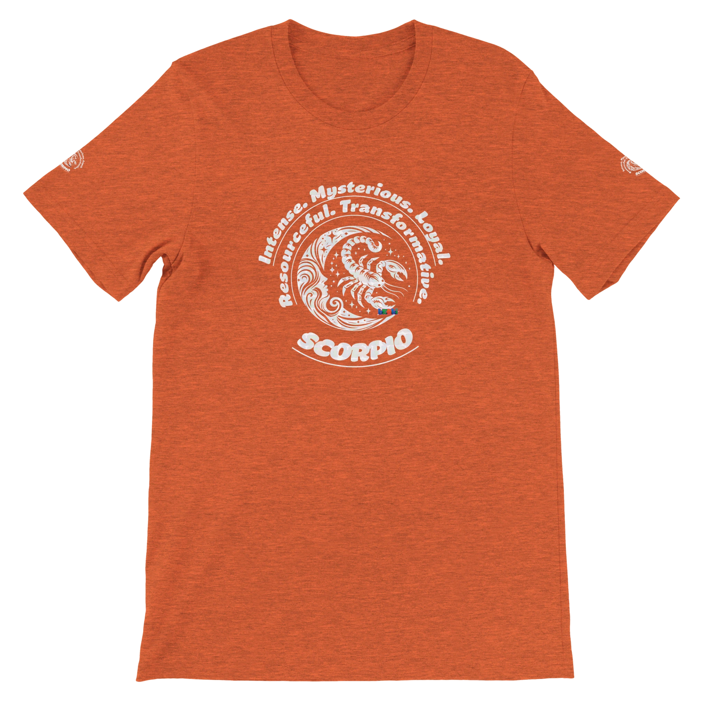 Orange unisex crewneck T-shirt with Scorpio Horoscope, perfect birthday gift for Astrology lovers, Scorpion, soft and stylish.