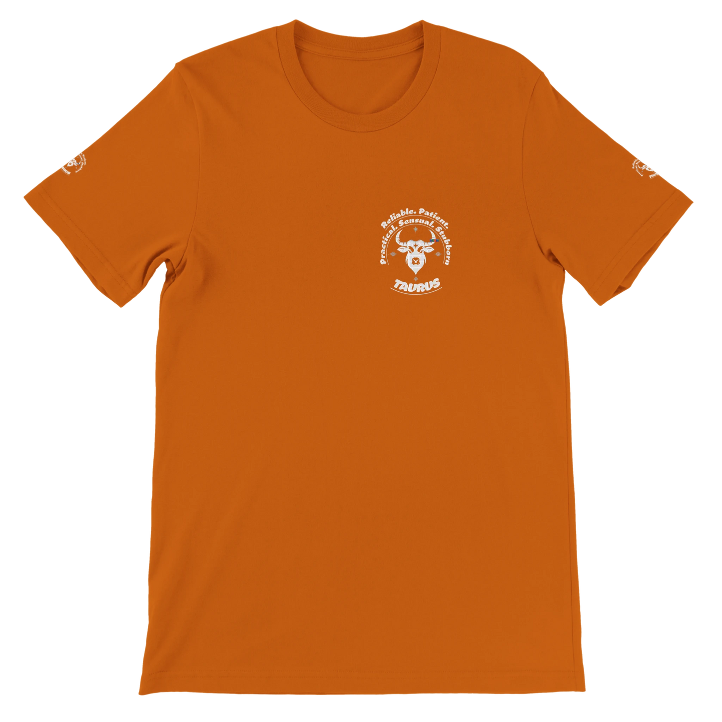Orange unisex crewneck T-shirt with Taurus zodiac. Perfect birthday gift for lovers of astrology. Bull Beauty, Luxury, Venus.