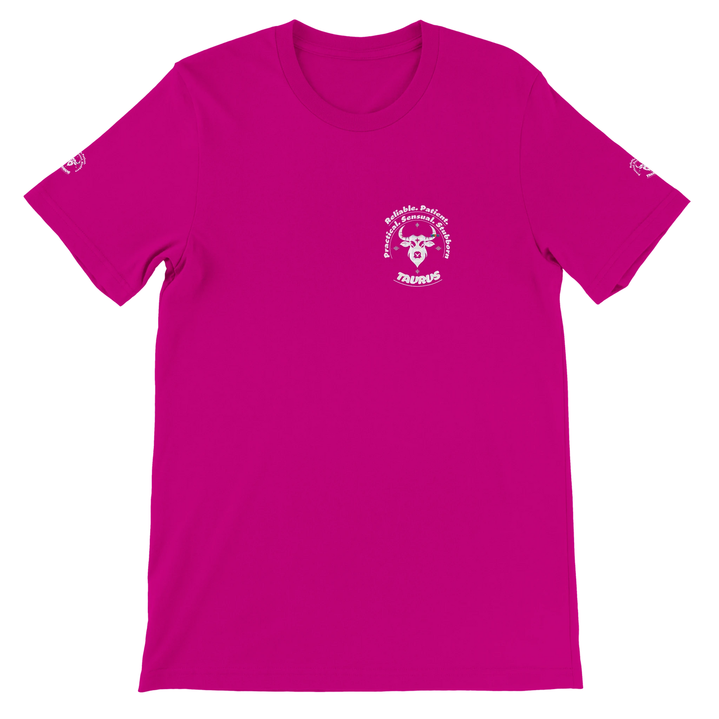 Red unisex crewneck T-shirt with Taurus horoscope Zodiac design, Characters Reliable, Patient, Practical, Sensual, Stubborn.