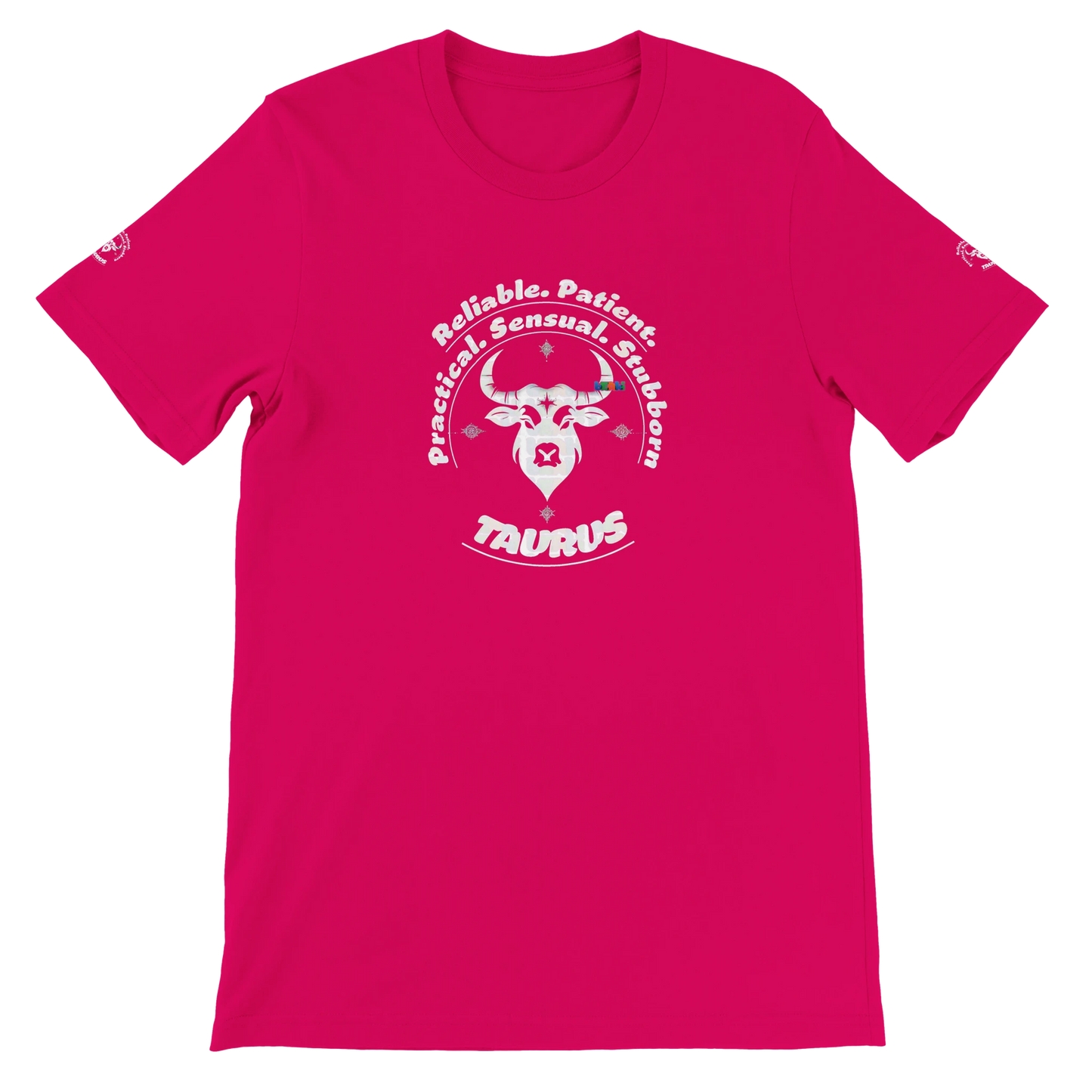 Red unisex crewneck T-shirt with Taurus horoscope Zodiac design, Characters Reliable, Patient, Practical, Sensual, Stubborn.