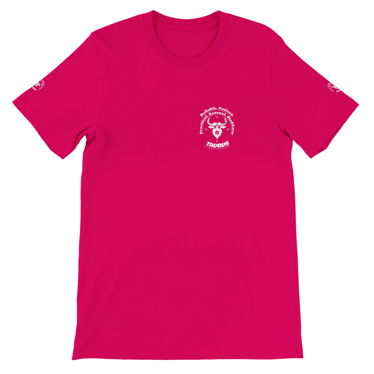 Red unisex crewneck T-shirt with Taurus horoscope Zodiac design, Characters Reliable, Patient, Practical, Sensual, Stubborn.