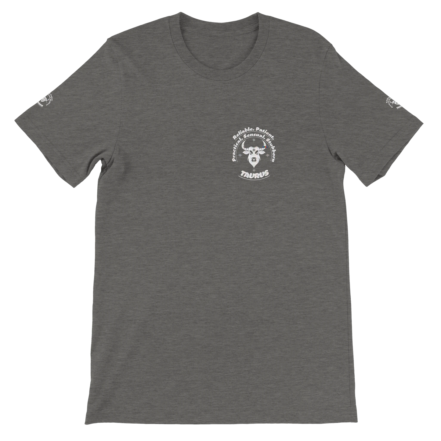 Gray unisex crewneck Bella T-shirt with Taurus zodiac horoscope, perfect birthday gift for astrology lover trendybuybest.com