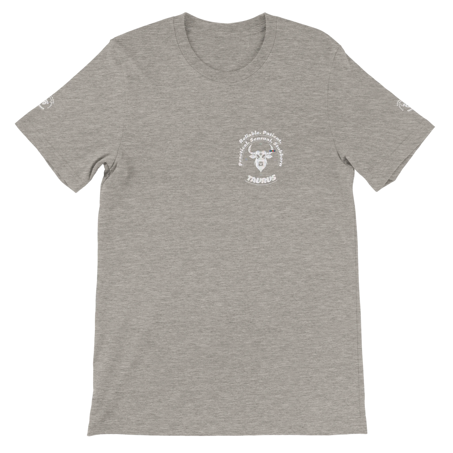 Gray unisex crewneck Bella T-shirt with Taurus zodiac horoscope, perfect birthday gift for astrology lover trendybuybest.com