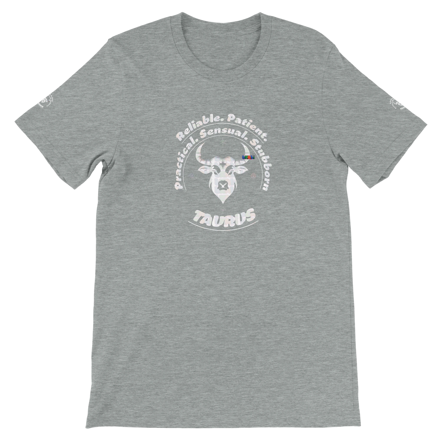 Gray unisex crewneck Bella T-shirt with Taurus zodiac horoscope, perfect birthday gift for astrology lover trendybuybest.com