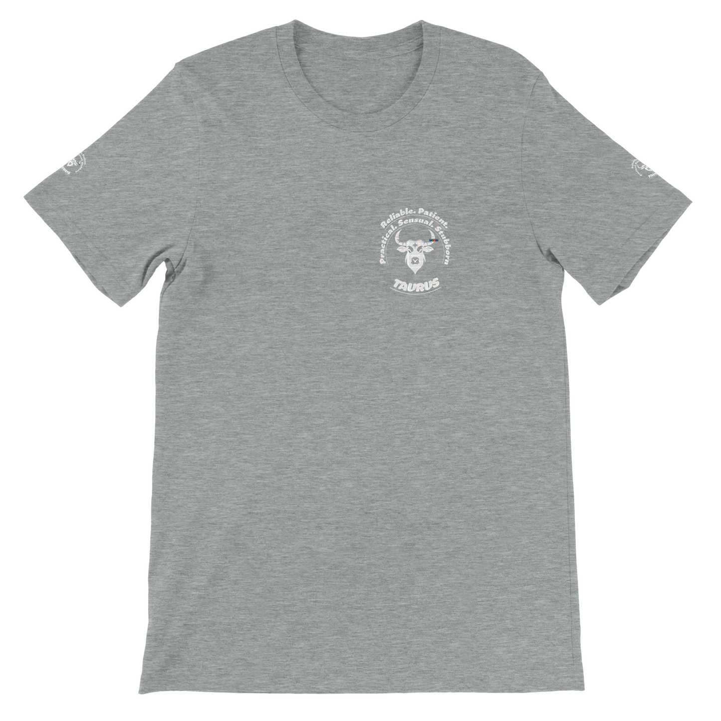 Gray unisex crewneck Bella T-shirt with Taurus zodiac horoscope, perfect birthday gift for astrology lover trendybuybest.com