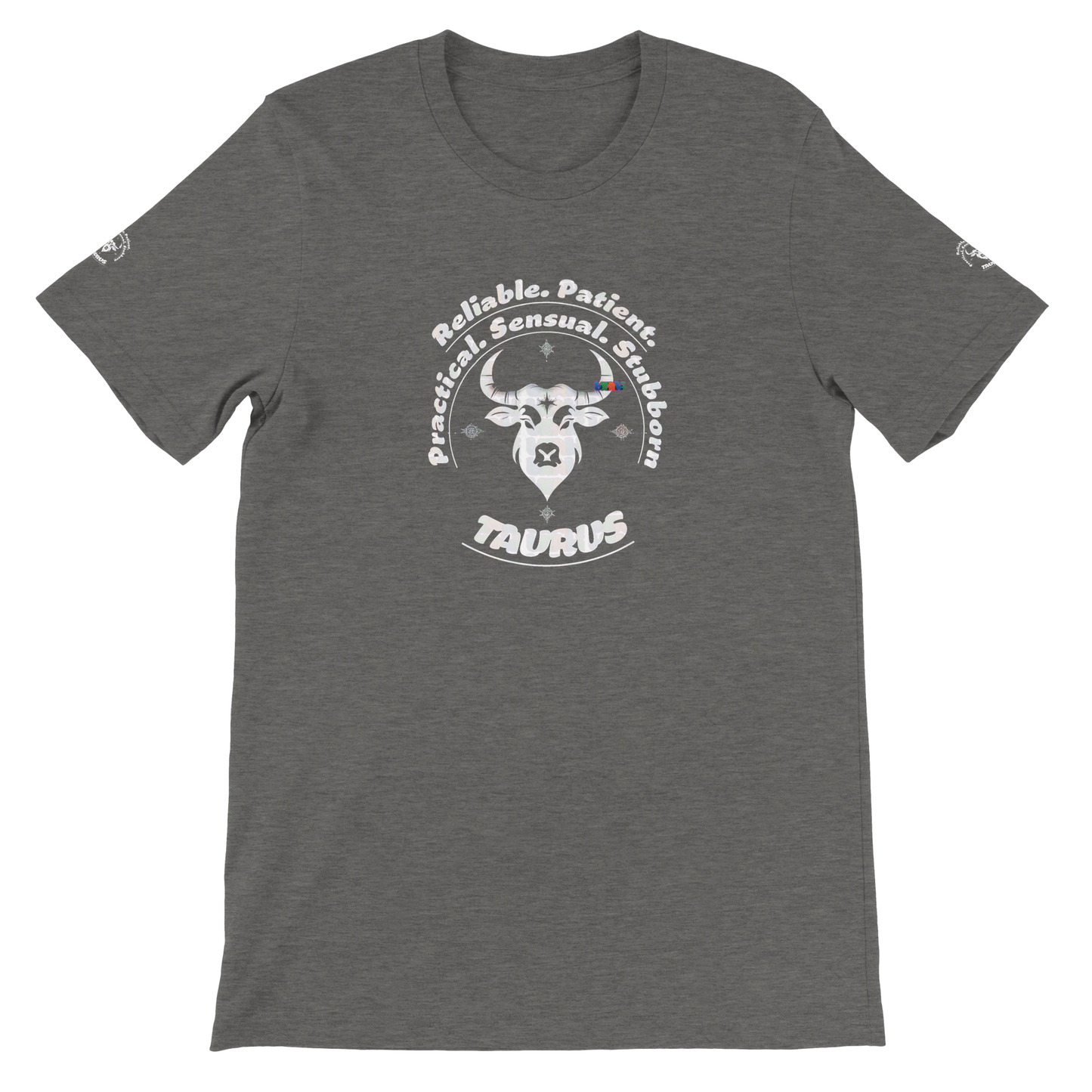 Gray unisex crewneck Bella T-shirt with Taurus zodiac horoscope, perfect birthday gift for astrology lover trendybuybest.com