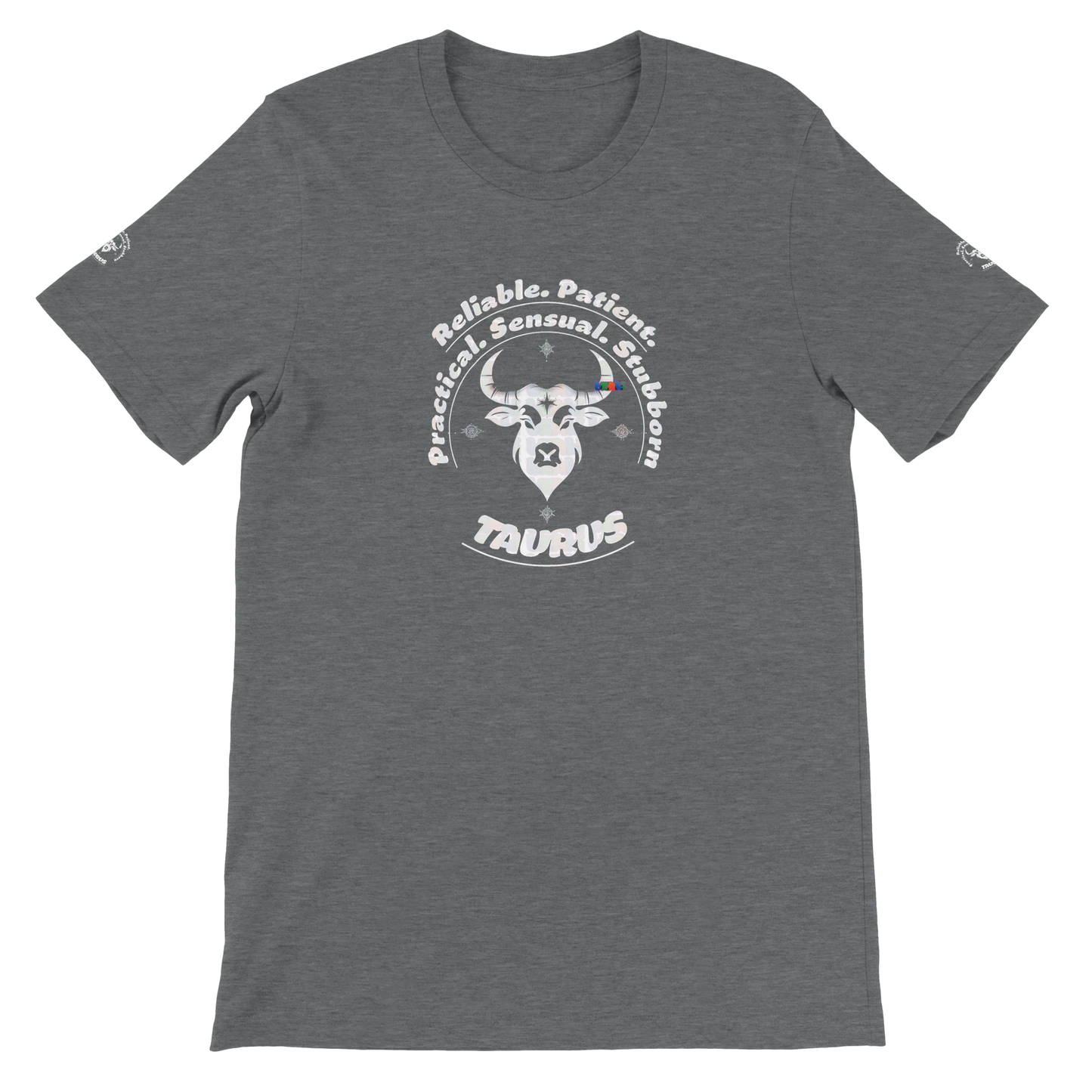 Gray unisex crewneck Bella T-shirt with Taurus zodiac horoscope, perfect birthday gift for astrology lover trendybuybest.com