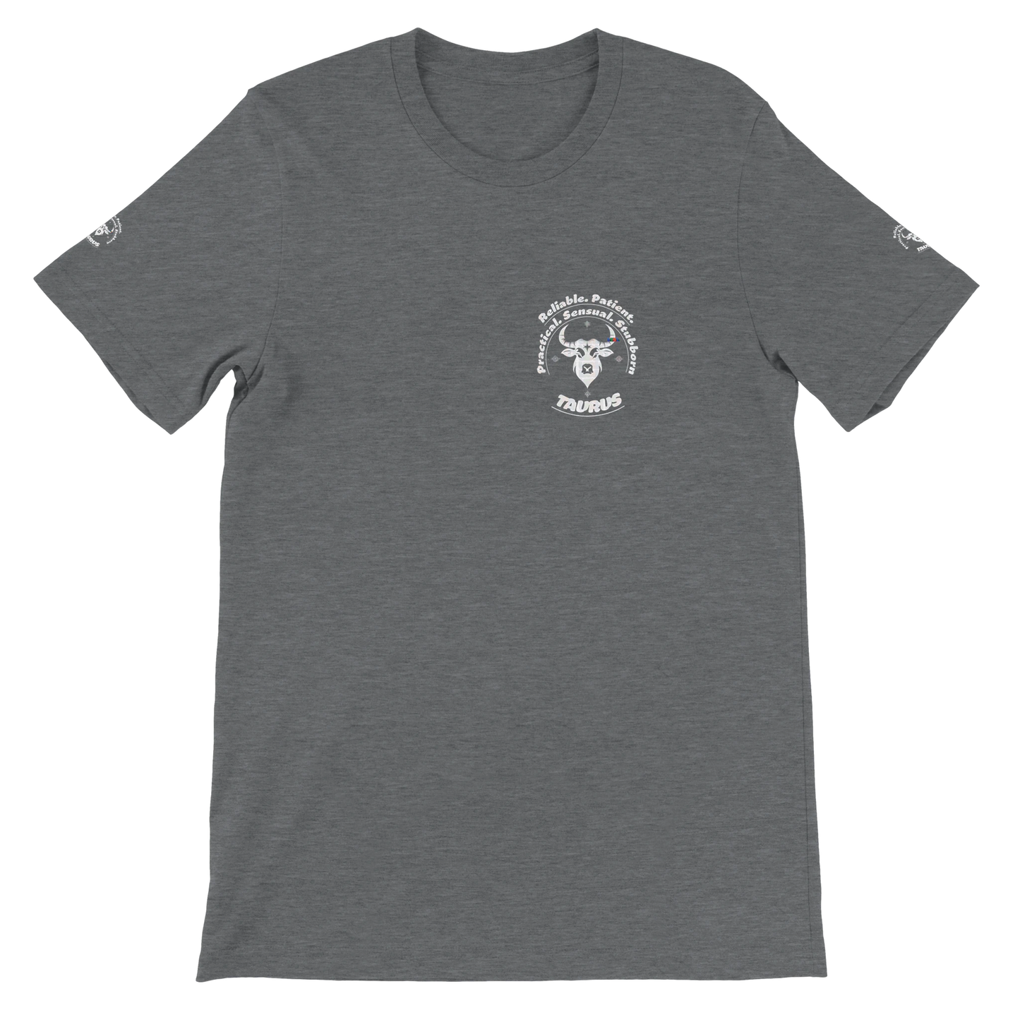 Gray unisex crewneck Bella T-shirt with Taurus zodiac horoscope, perfect birthday gift for astrology lover trendybuybest.com