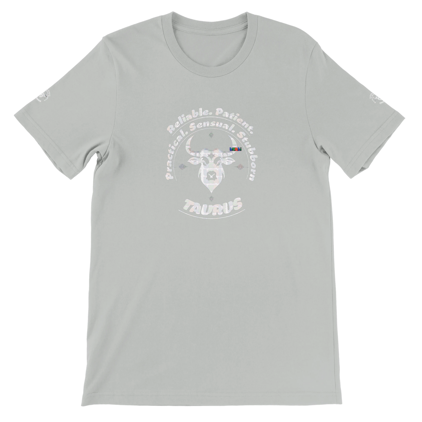 Gray unisex crewneck Bella T-shirt with Taurus zodiac horoscope, perfect birthday gift for astrology lover trendybuybest.com