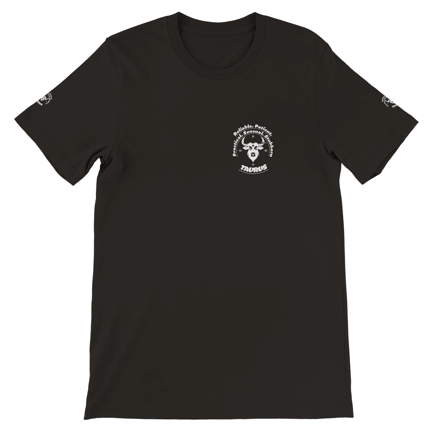 Black unisex crewneck Bella T-shirt with Taurus zodiac horoscope, perfect birthday gift for astrology lover trendybuybest.com