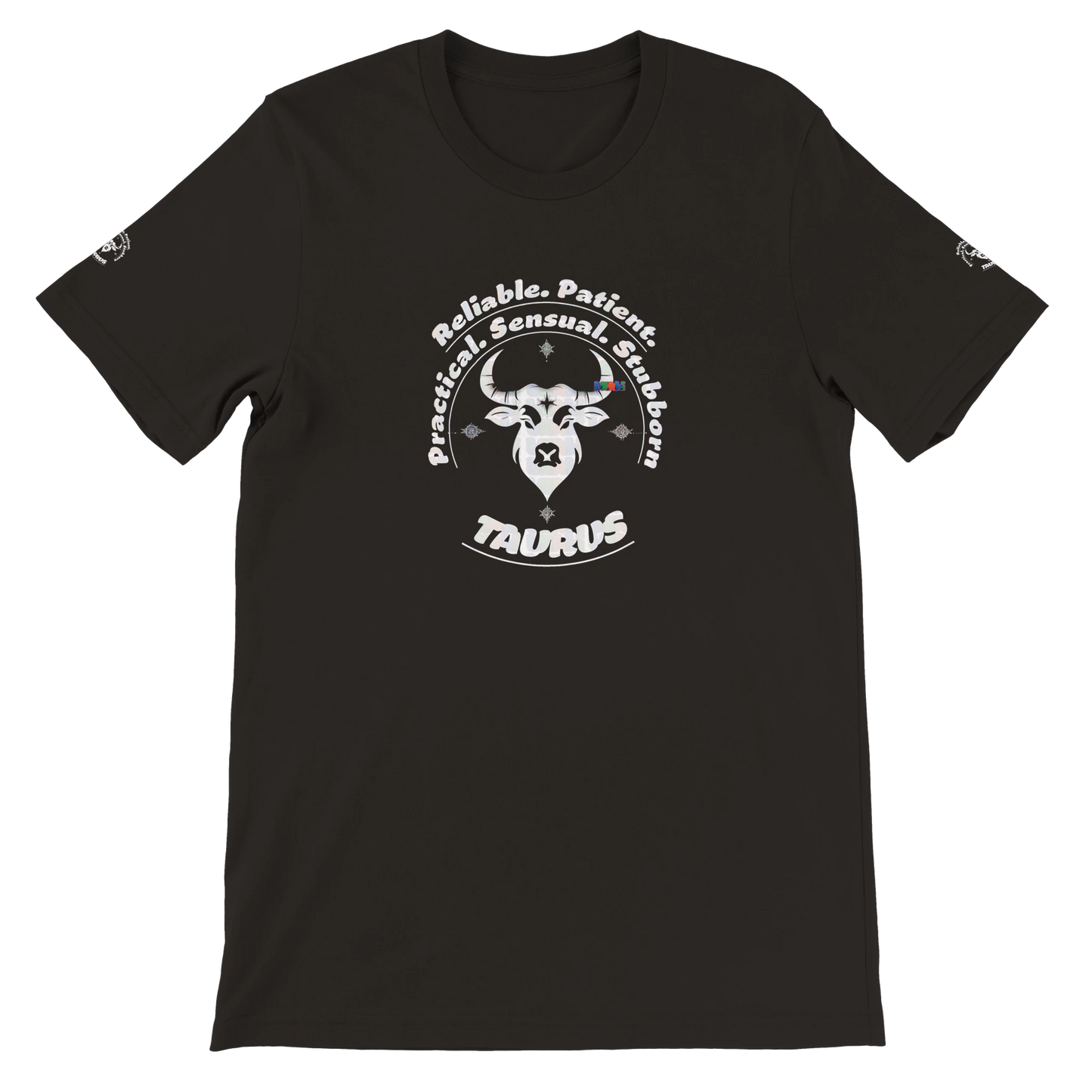 Black unisex crewneck Bella T-shirt with Taurus zodiac horoscope, perfect birthday gift for astrology lover trendybuybest.com