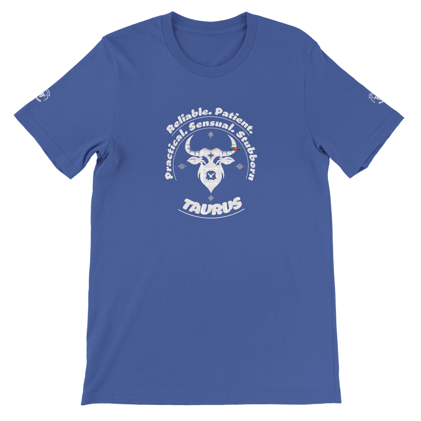 Blue unisex crewneck premium T-shirt with Taurus astrology zodiac design on soft Bella + Canvas 3001 by trendybuybest.com