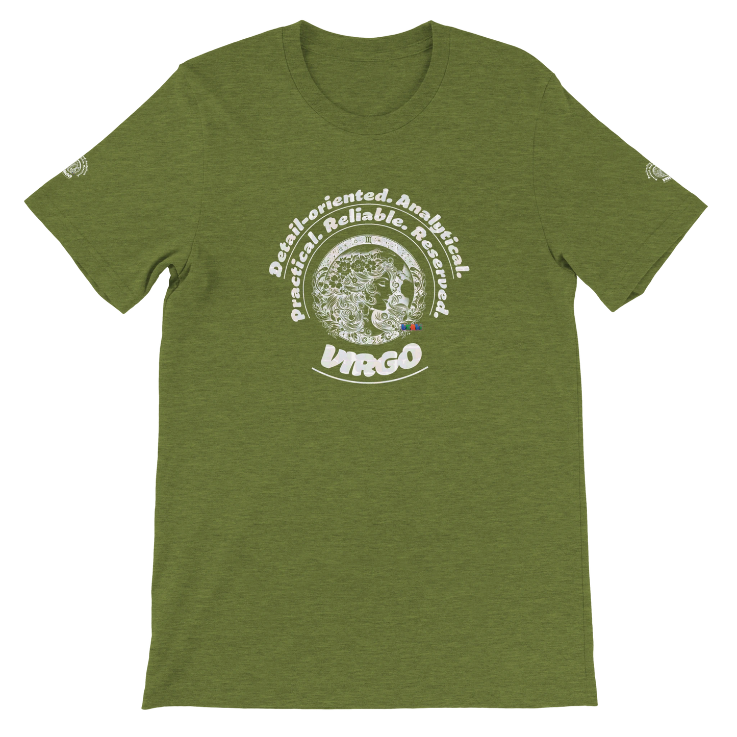 Green unisex crewneck T-shirt with Virgo Logo horoscope, perfect birthday gift for zodiac lovers, soft and stylish for all.