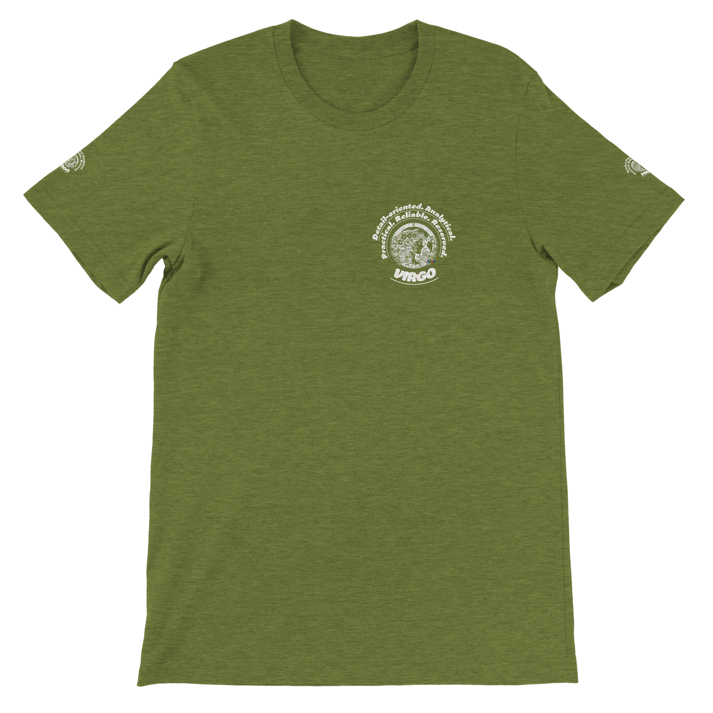 Green unisex crewneck T-shirt with Virgo Logo horoscope, perfect birthday gift for zodiac lovers, soft and stylish for all.