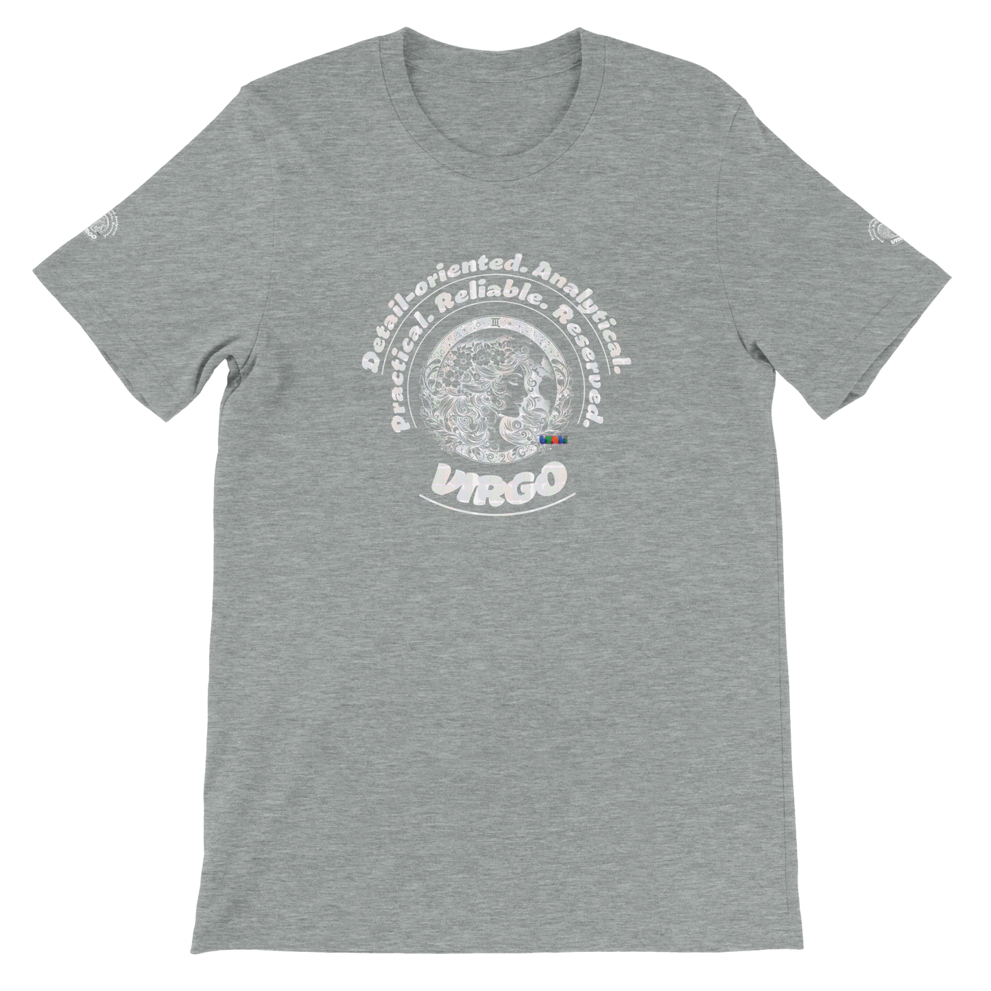 Gray unisex T-shirt with Virgo Zodiac Astrology design. Detail-oriented. Motto of If you can't measure it, it doesn't exist!