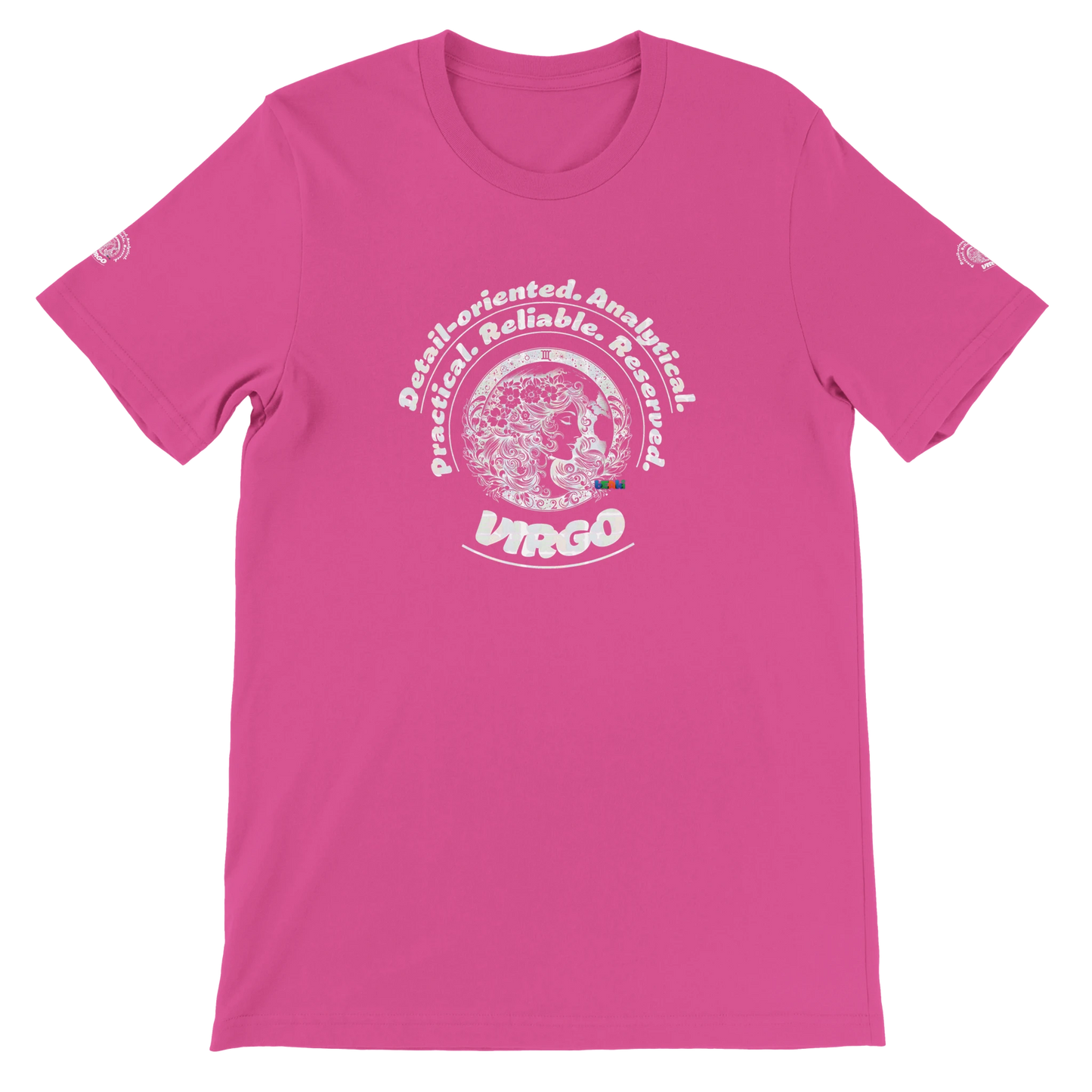 Pink unisex crewneck T-shirt with Virgo Logo zodiac, perfect birthday gift for astrology lovers, soft and stylish for all.