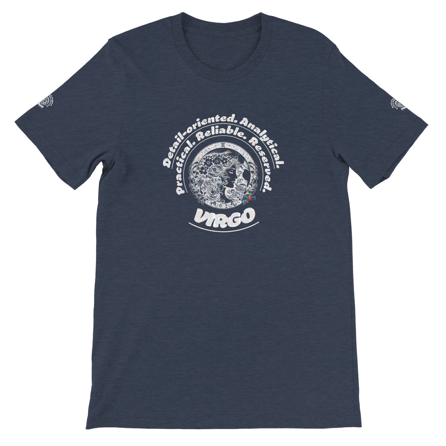 Blue unisex crewneck T-shirt with Virgo Astrology design Characters of Detail-oriented Analytical Practical Reliable Reserved
