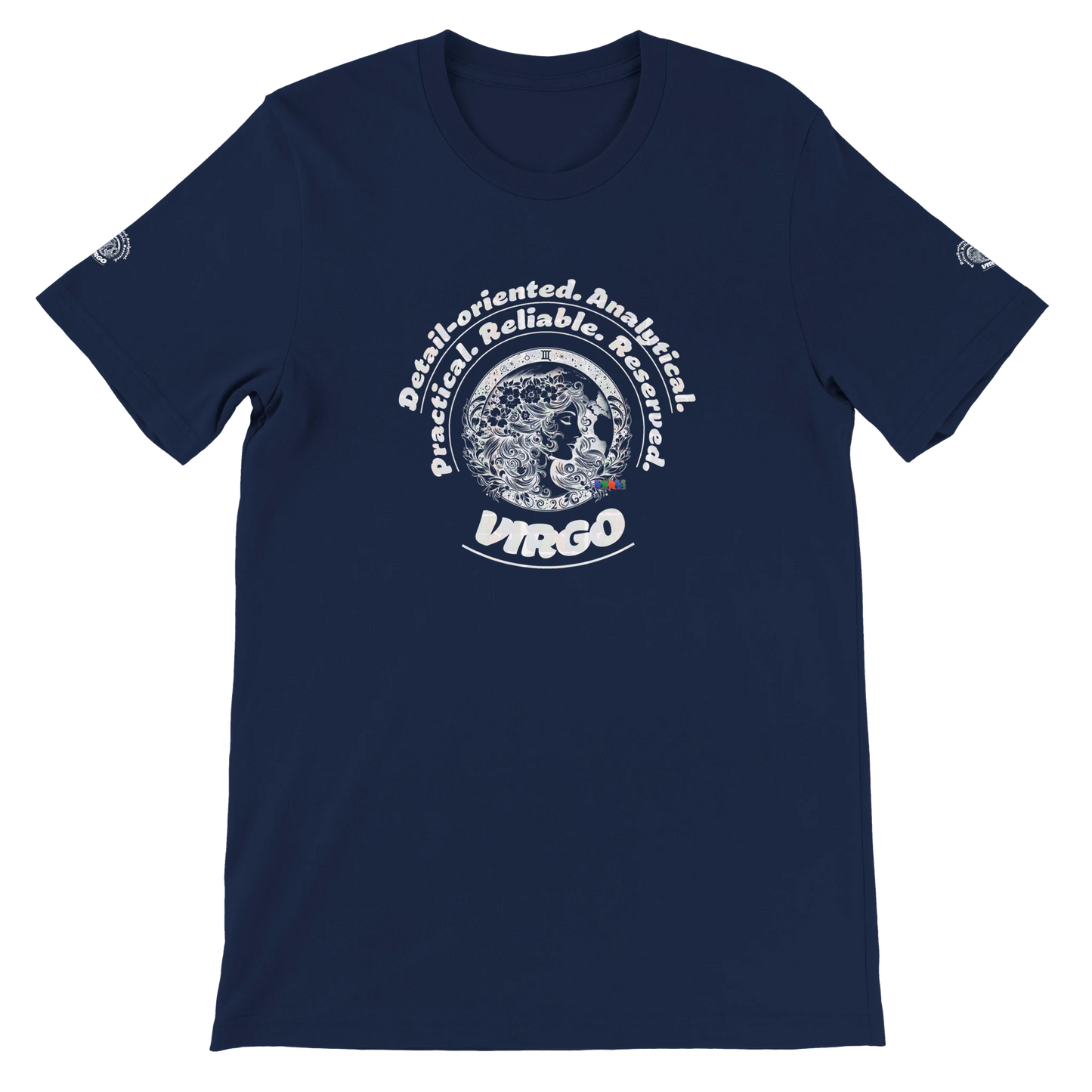 Blue unisex crewneck T-shirt with Virgo Astrology design Characters of Detail-oriented Analytical Practical Reliable Reserved