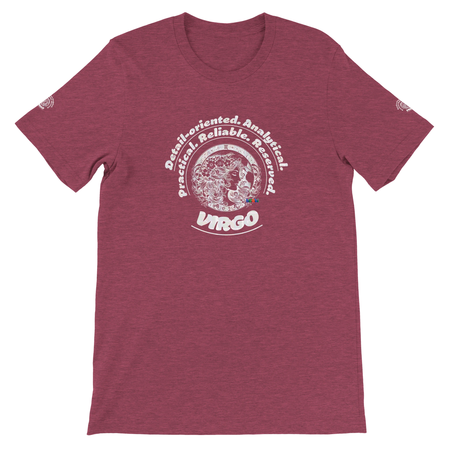 Purple unisex T-shirt with Virgo Astrology Horoscope. Detail-oriented. Motto of If you can't measure it, it doesn't exist!