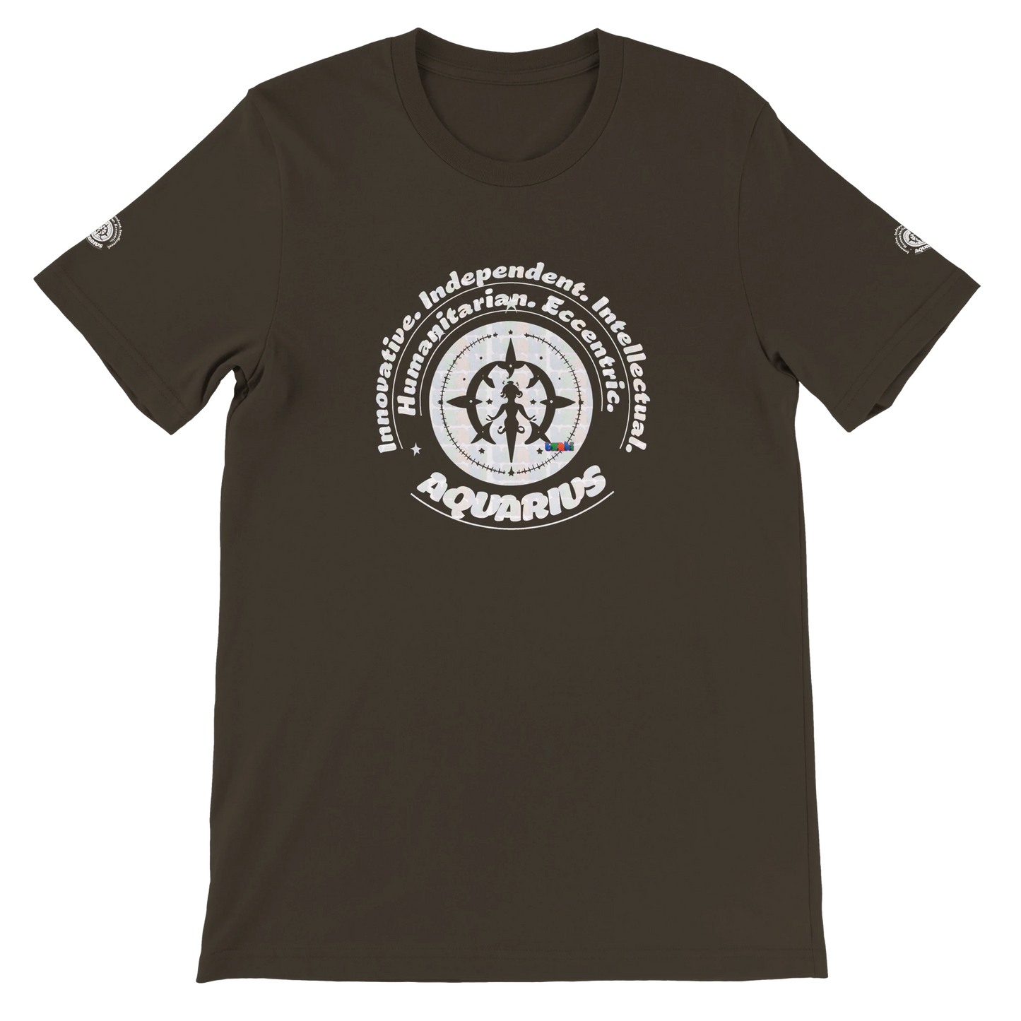 Brown unisex crewneck T-shirt with Aquarius zodiac design, perfect birthday gift for horoscope lovers, by trendybuybest.com.