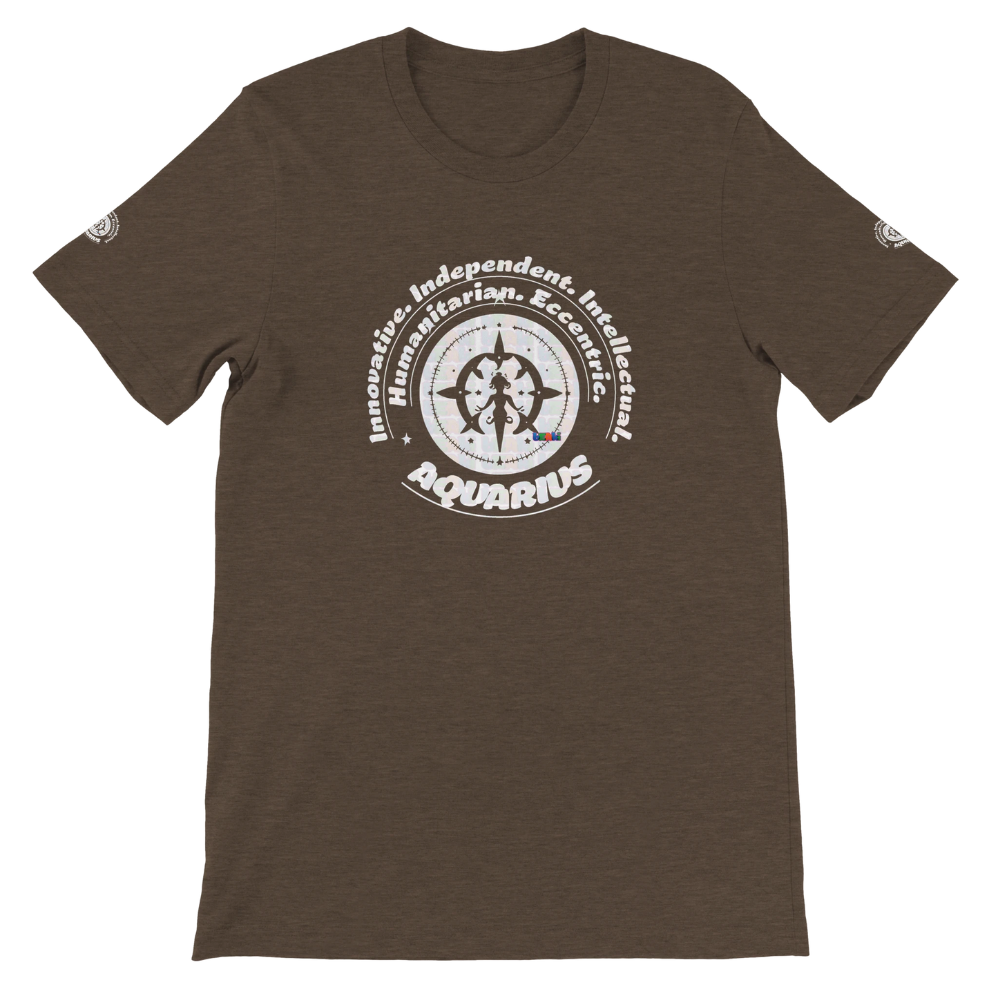 Brown unisex crewneck T-shirt with Aquarius zodiac design, perfect birthday gift for horoscope lovers, by trendybuybest.com.