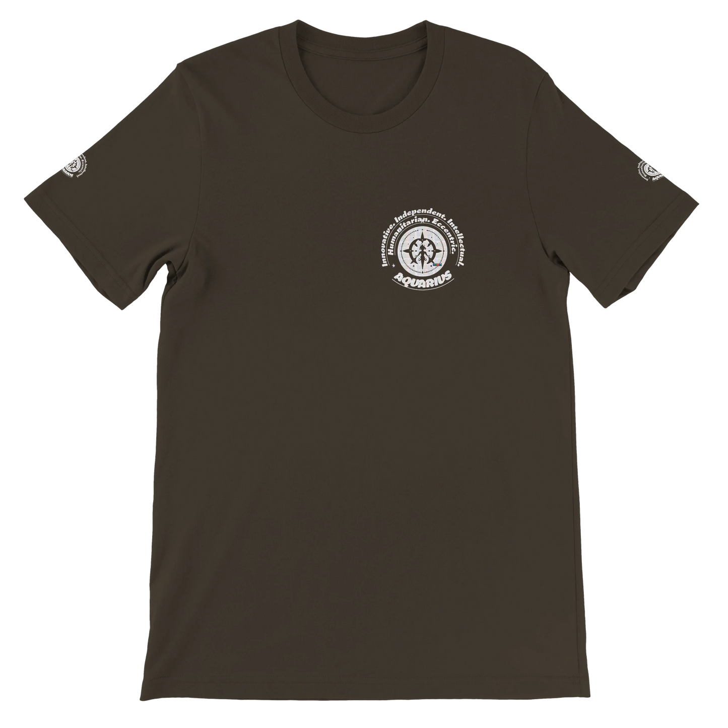Brown unisex crewneck T-shirt with Aquarius zodiac design, perfect birthday gift for horoscope lovers, by trendybuybest.com.