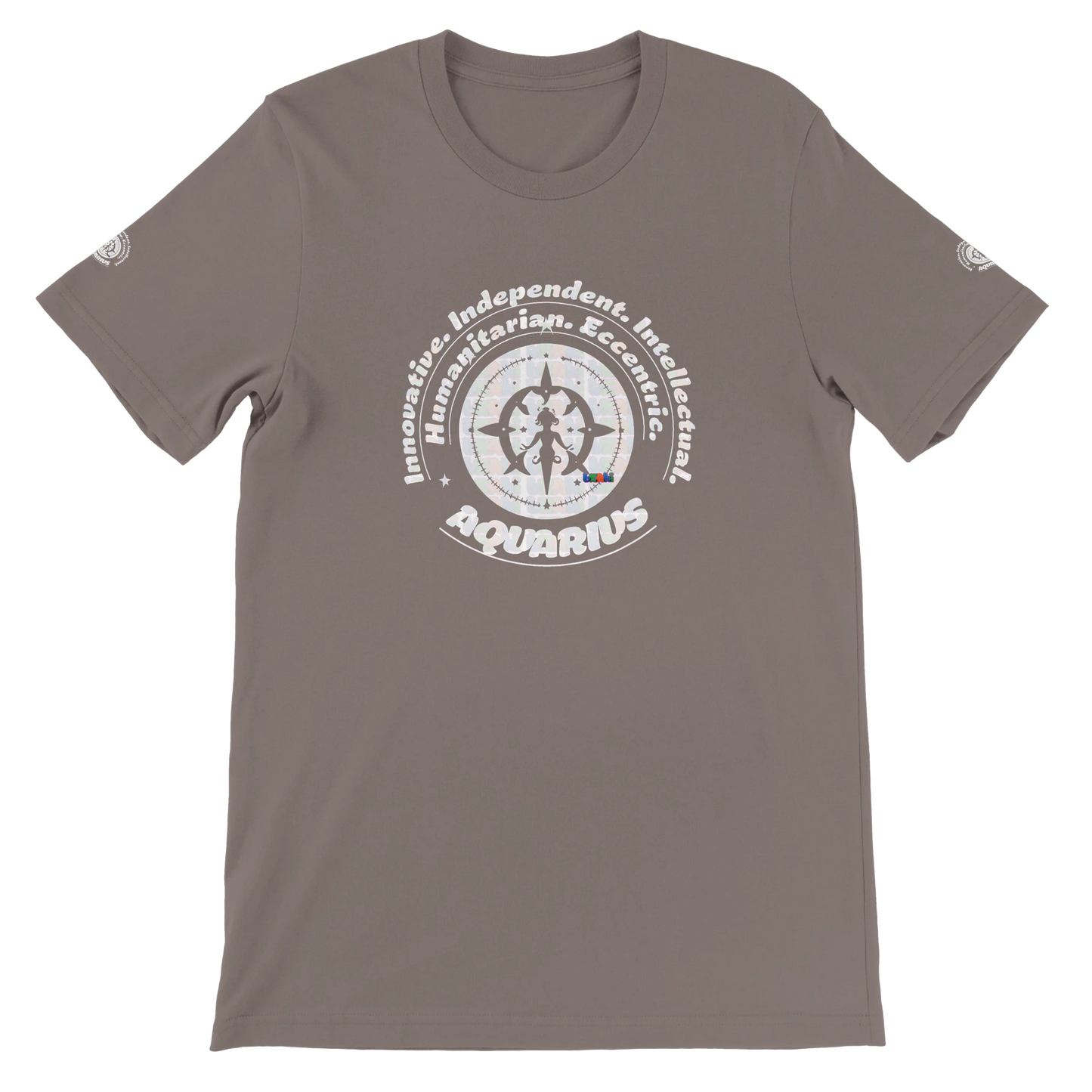 Brown unisex crewneck T-shirt with Aquarius zodiac design, perfect birthday gift for horoscope lovers, by trendybuybest.com.