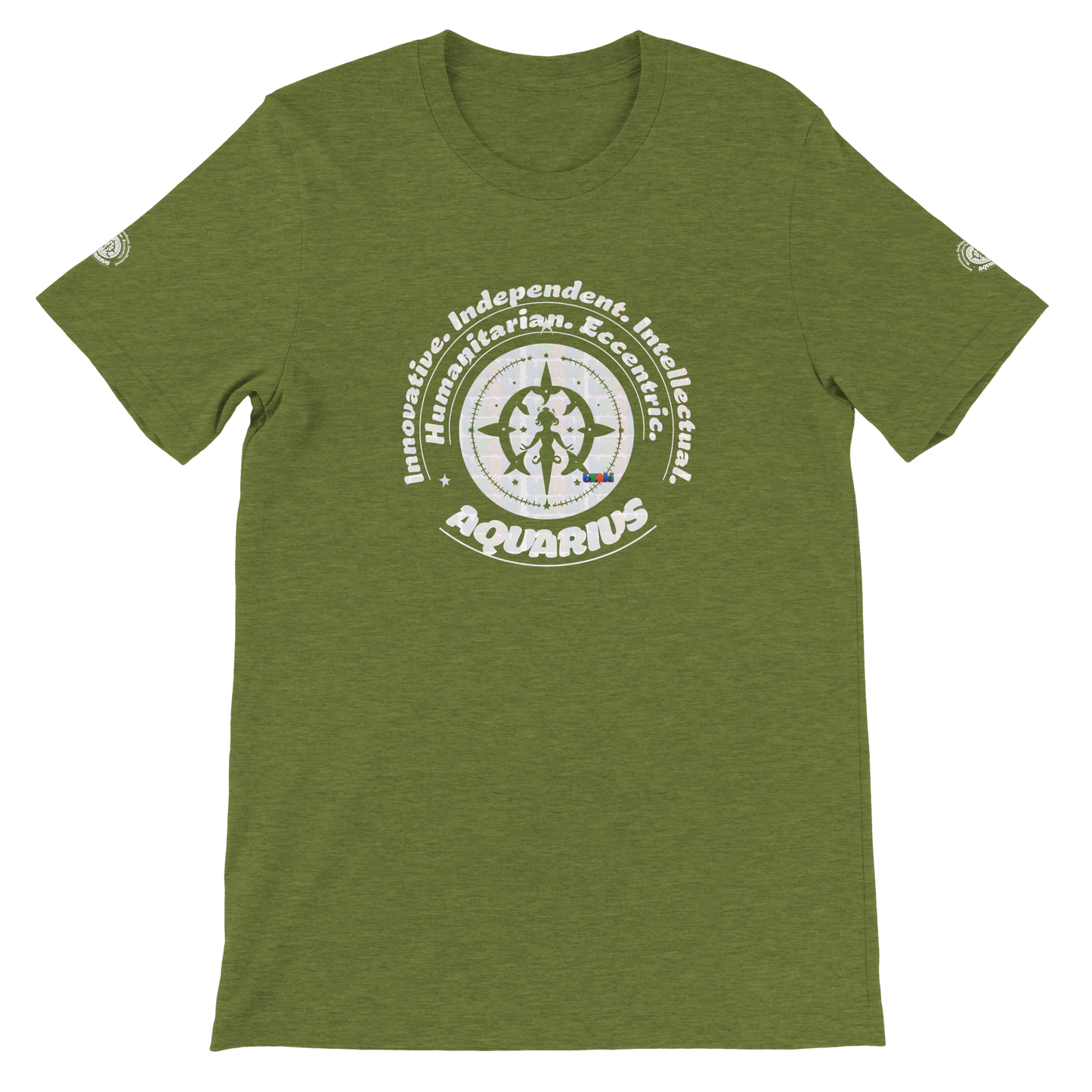 Green unisex crewneck T-shirt with Aquarius horoscope design. Ideal gift for a special loved one. Soft, stylish, and unique.