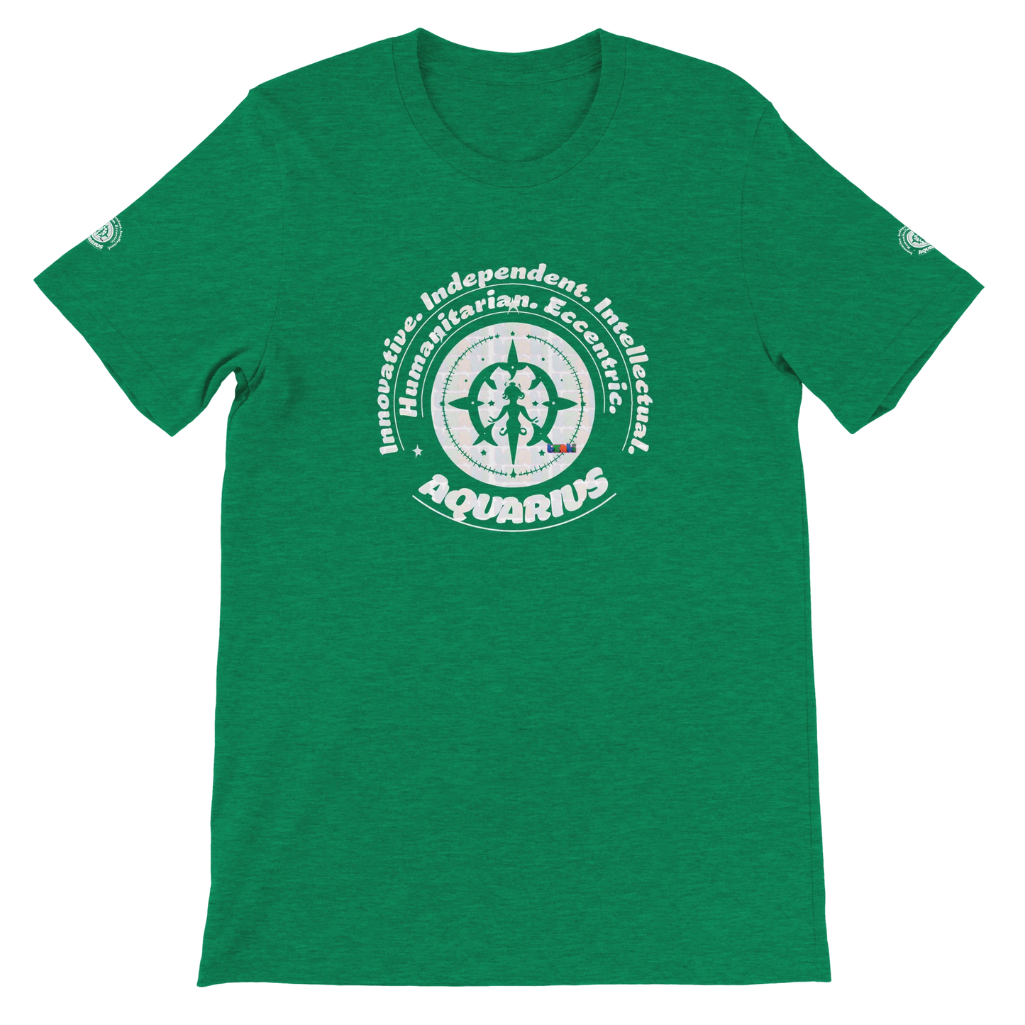 Green unisex crewneck T-shirt with Aquarius horoscope design. Ideal gift for a special loved one. Soft, stylish, and unique.