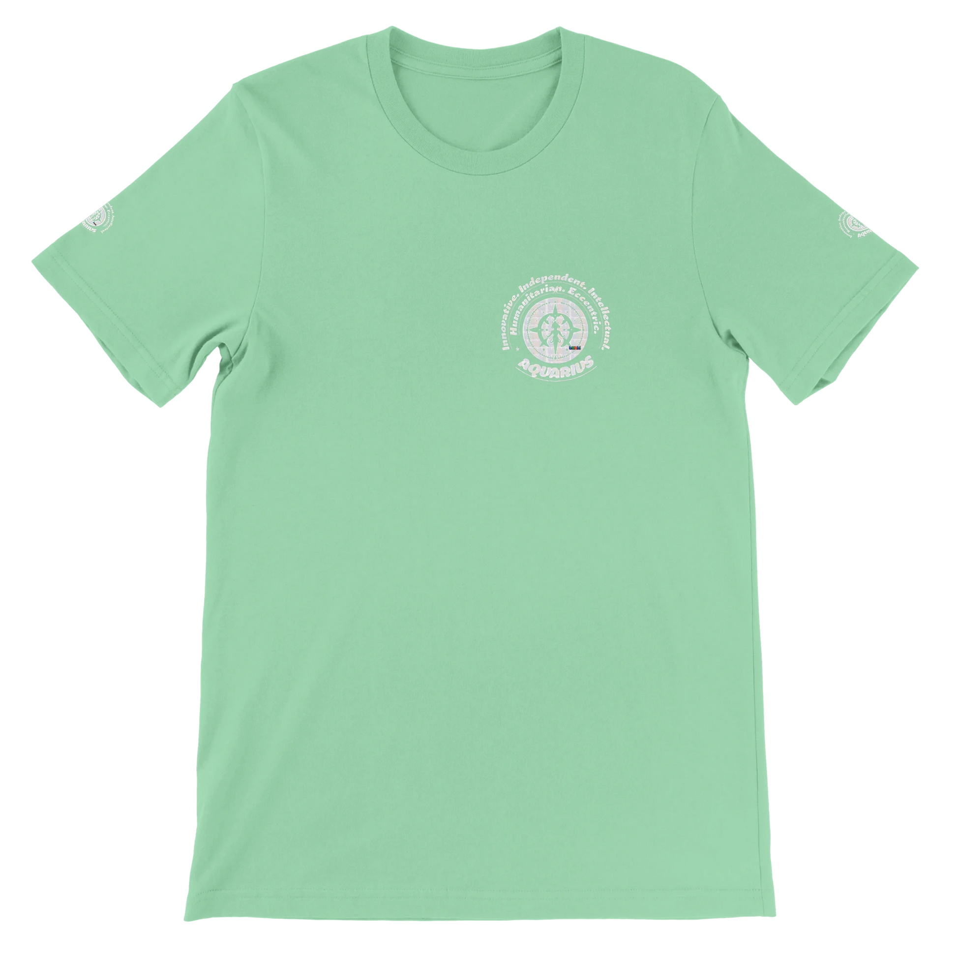 Green unisex crewneck T-shirt with Aquarius horoscope design. Ideal gift for a special loved one. Soft, stylish, and unique.