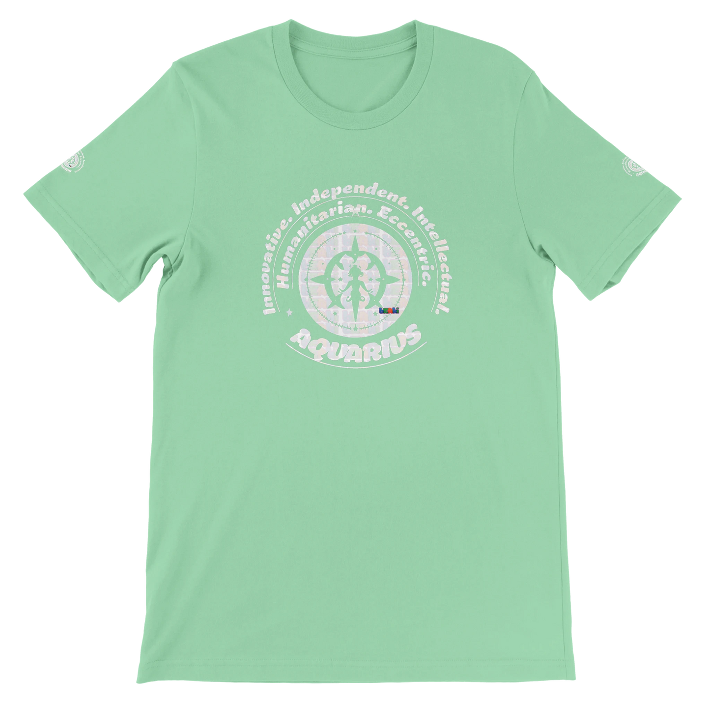 Green unisex crewneck T-shirt with Aquarius horoscope design. Ideal gift for a special loved one. Soft, stylish, and unique.